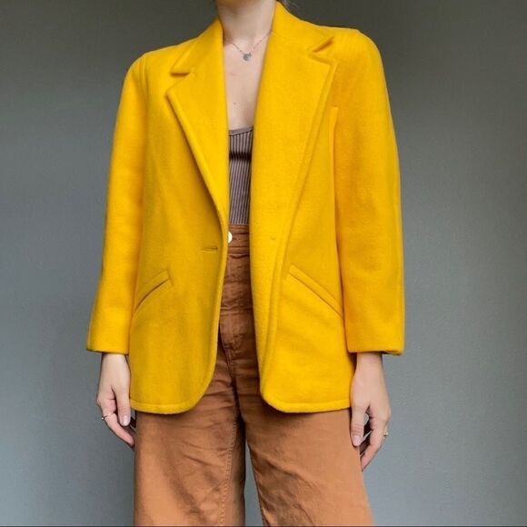 Vintage 80s Women’s Intuition Union Made Canary Yellow Wool Blazer Jacket Sz 6 - Picture 2 of 12